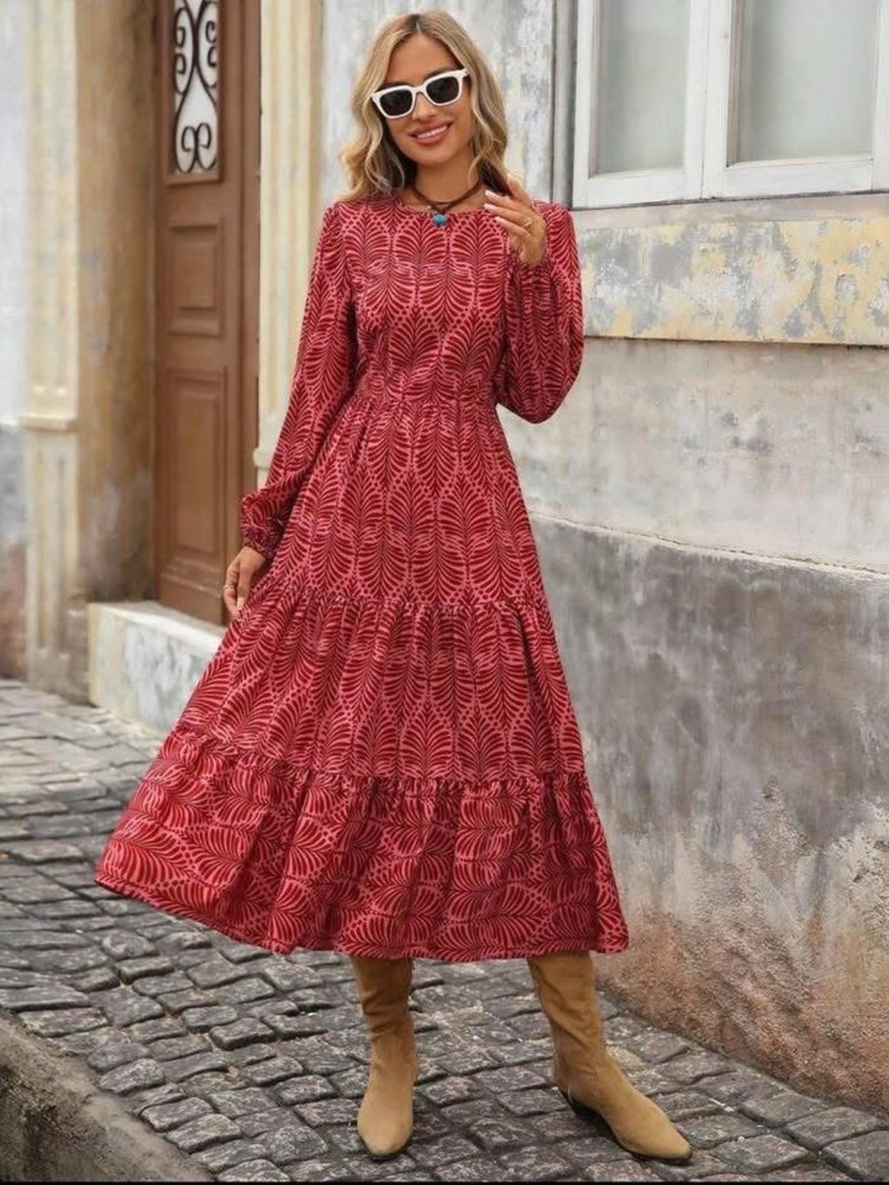 Red and pink Patterned Tiered Midi Dress